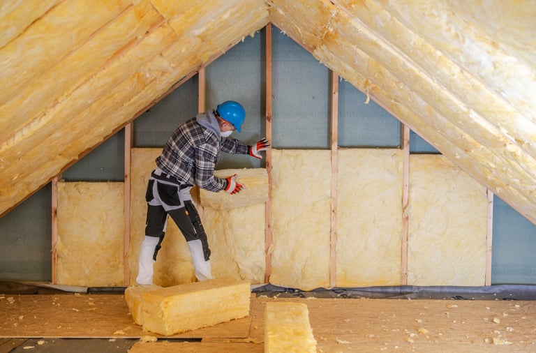 Professional insulation installation with worker wearing safety equipment